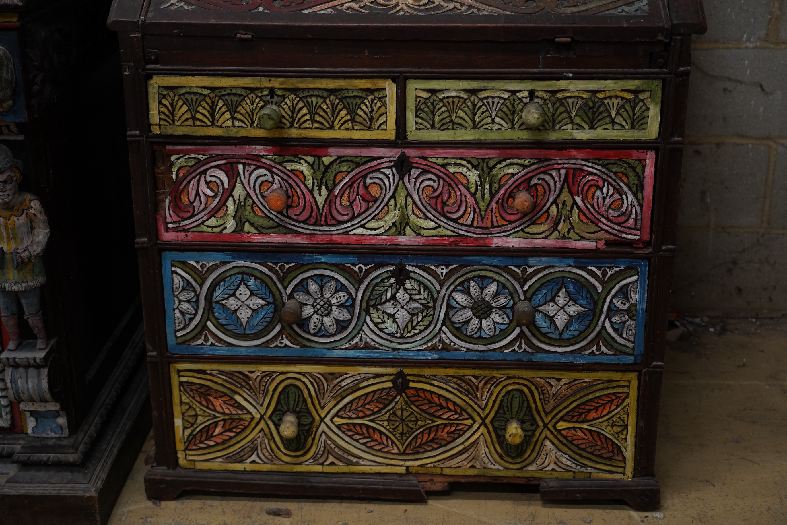 John Bratby (1928-1992): An oak bureau, polychrome decorated by the artist